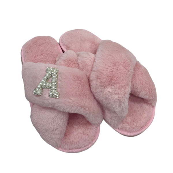 Personalised Pink Faux Fur Slippers Pearl Crystal Initial