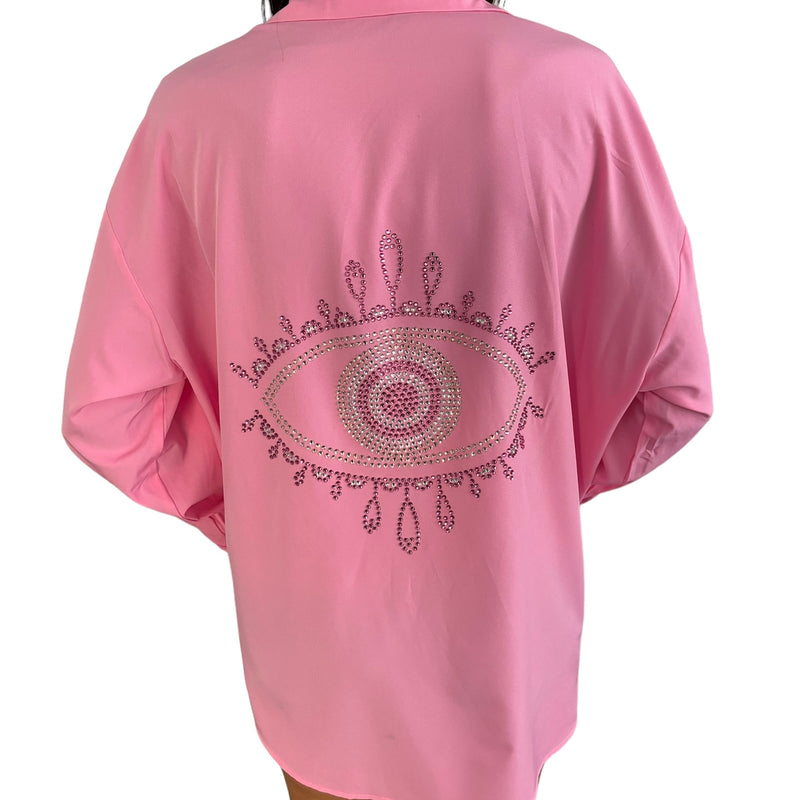 Evil Eye Crystal shirt - Baby Pink