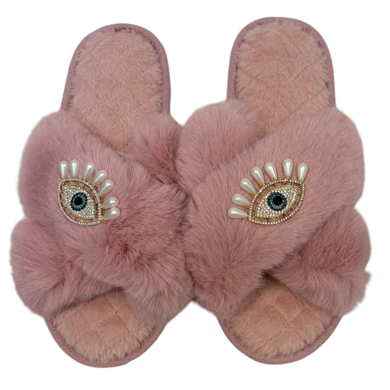 Pearl Lucky Eye Crystal Slippers - Pink