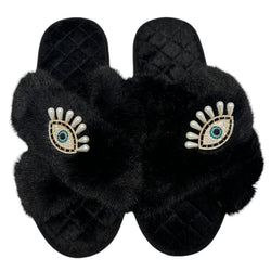 Pearl Lucky Eye Crystal Slippers - Black