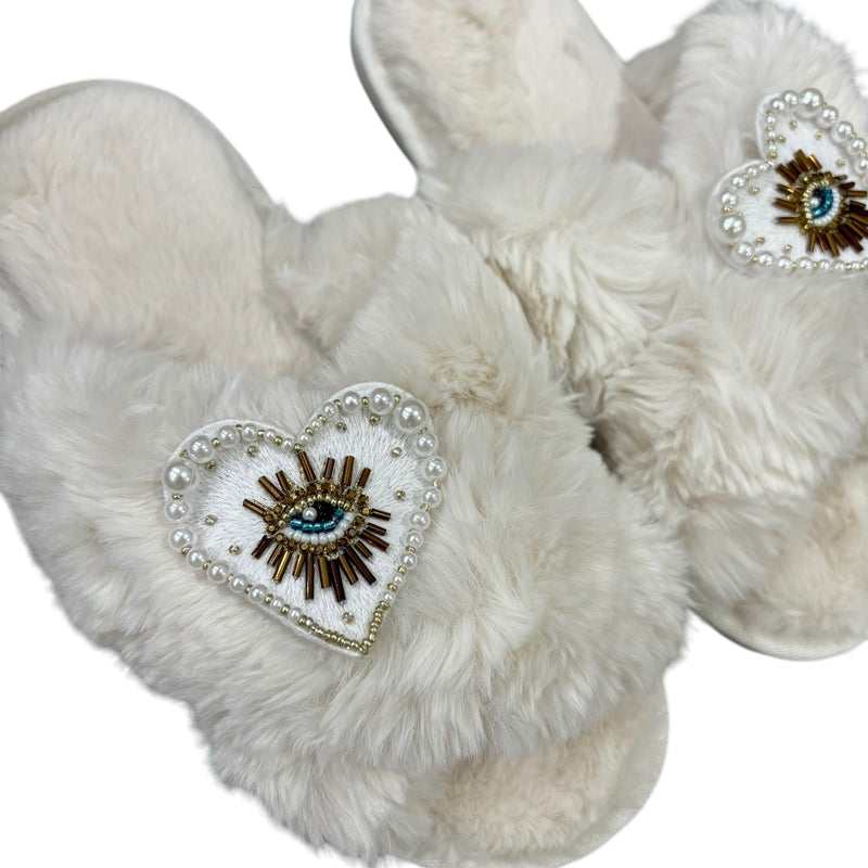 Heart Lucky Eye Crystal Slippers - Cream