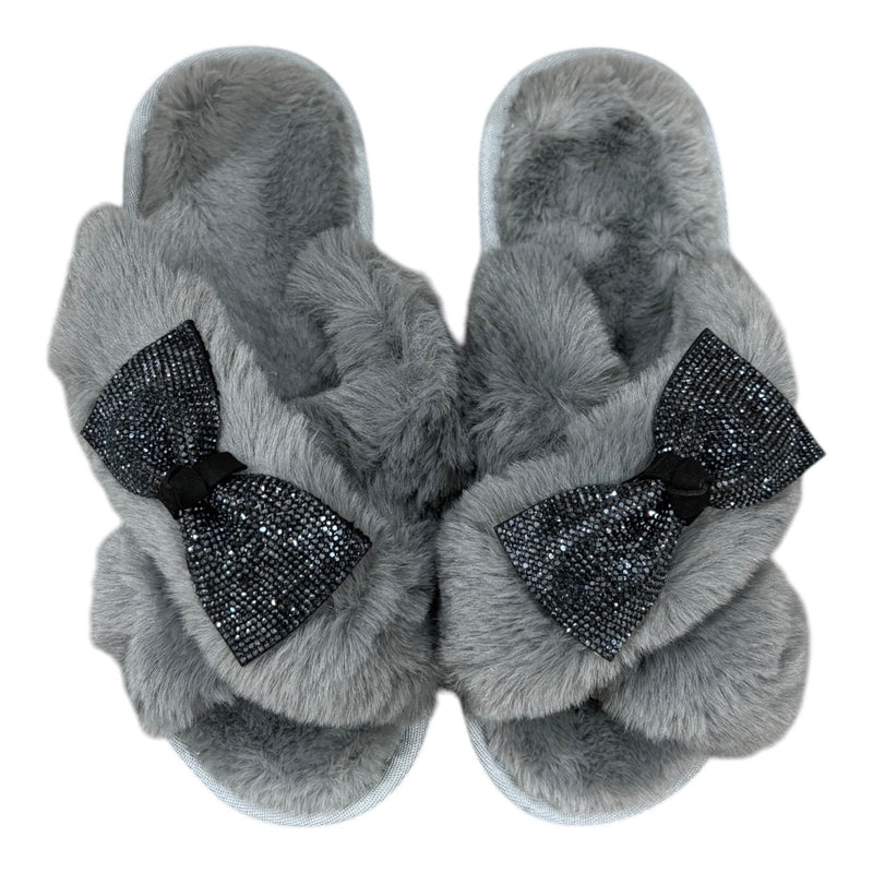 Bow Black Crystal Slippers - Grey