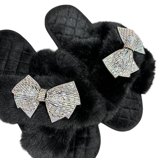 Bow Black Crystal Slippers - Irridescent