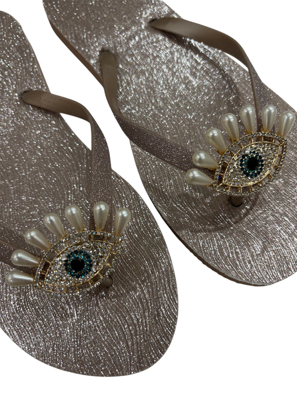 Evil Eye Flip Flops - Rose Gold Pearl