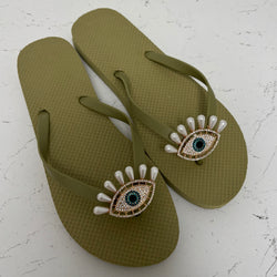 Evil Eye Flip Flops - Khaki Pearl SIZE 5/6