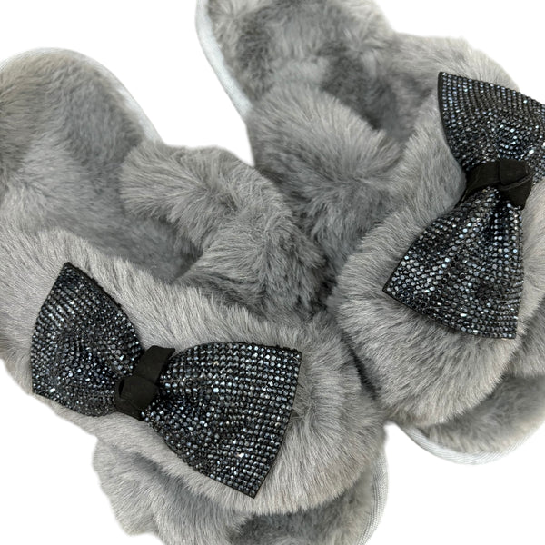 Bow Black Crystal Slippers - Grey