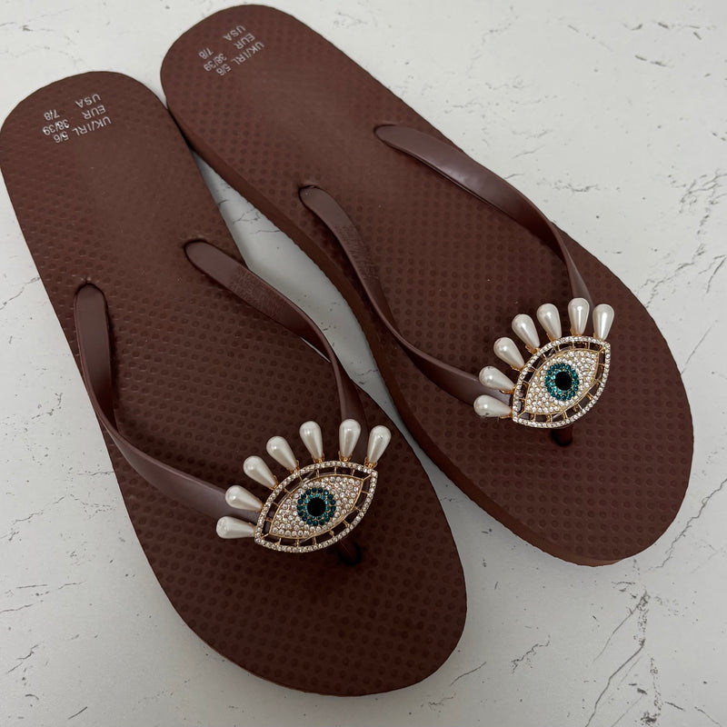 Evil Eye Flip Flops - brown Pearl SIZE 5/6