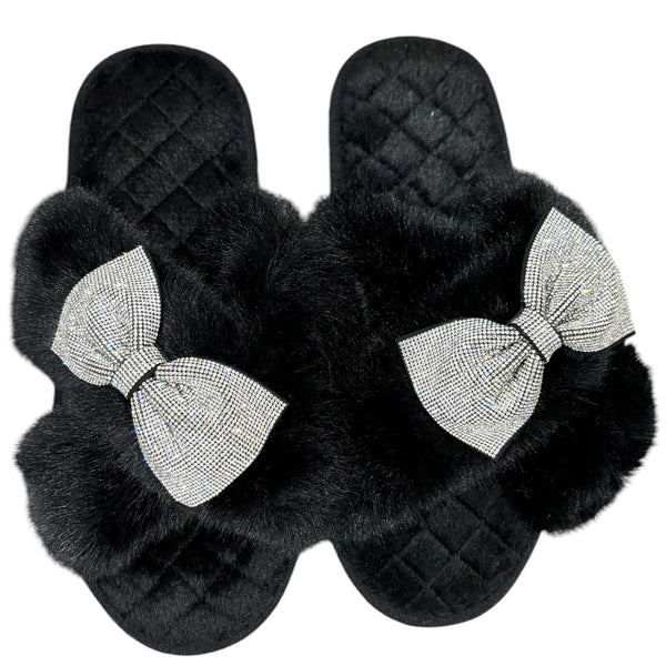 Bow Black Crystal Slippers - Silver