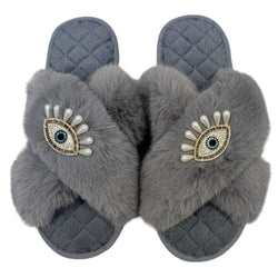 Pearl Lucky Eye Crystal Slippers - Grey