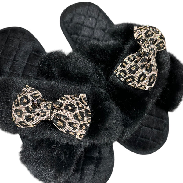 Bow Black Crystal Slippers - Leopard