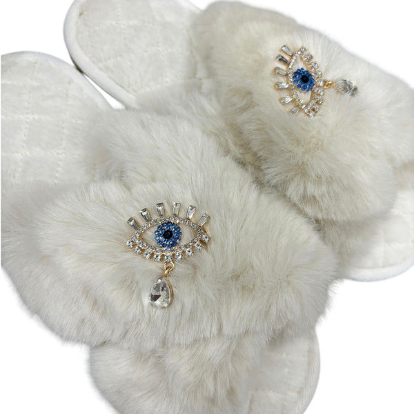 Drop Lucky Eye Crystal Slippers - Cream