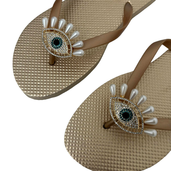 Evil Eye Flip Flops - Gold Pearl