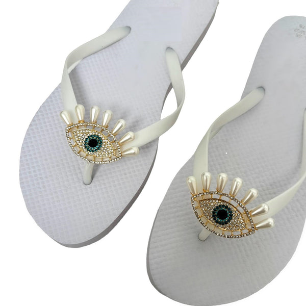 Evil Eye Flip Flops - White Pearl