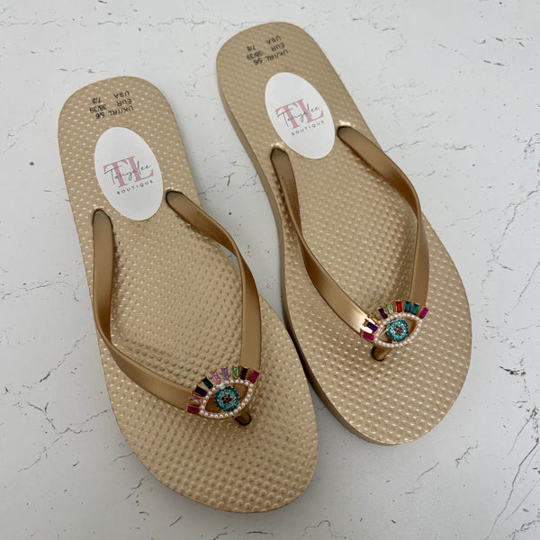 Evil Eye Flip Flops - rainbow eye  size 3-4