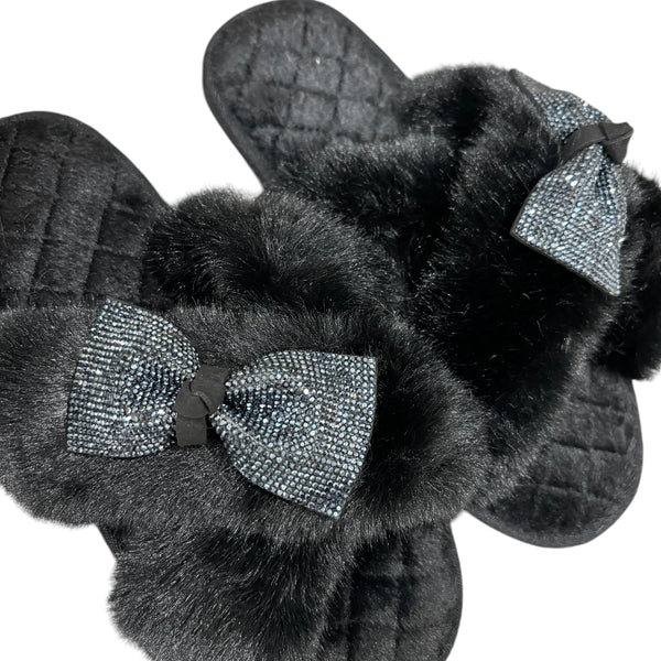 Bow Black Crystal Slippers - Black