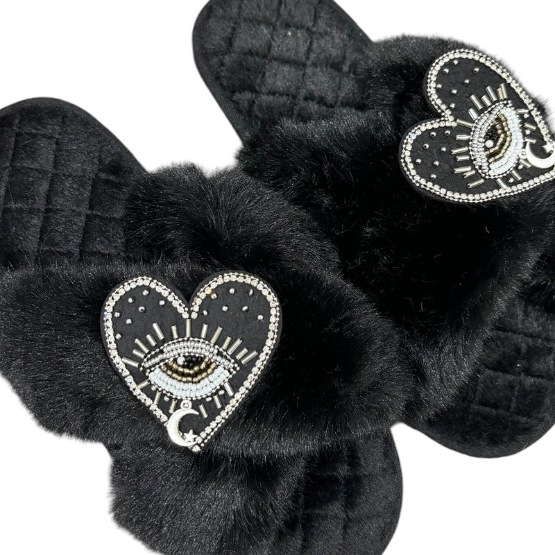 Heart Lucky Eye Crystal Slippers - Black