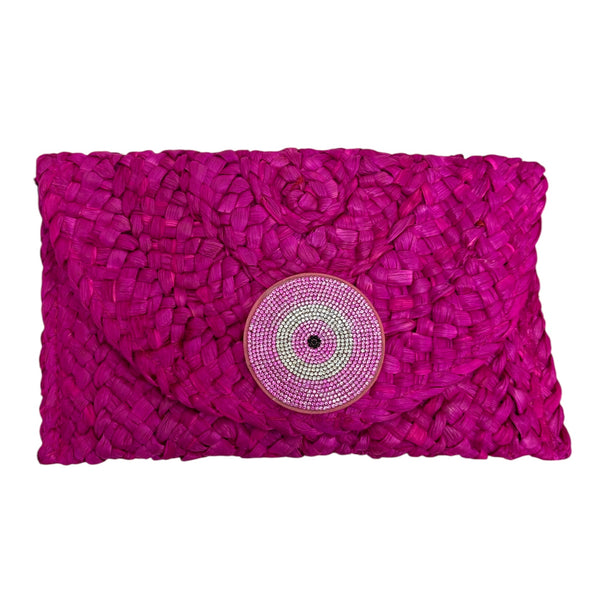 Lucky Eye Raffia Clutch Bag - Pink