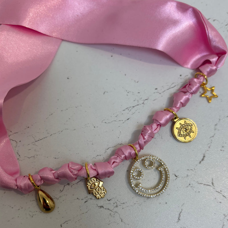TLB Charm Necklace Satin -  Pink Smiley