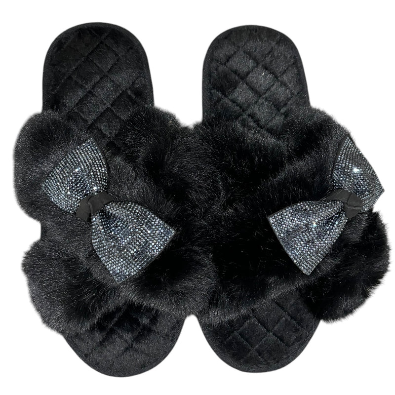 Bow Black Crystal Slippers - Black