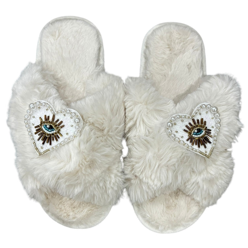 Heart Lucky Eye Crystal Slippers - Cream