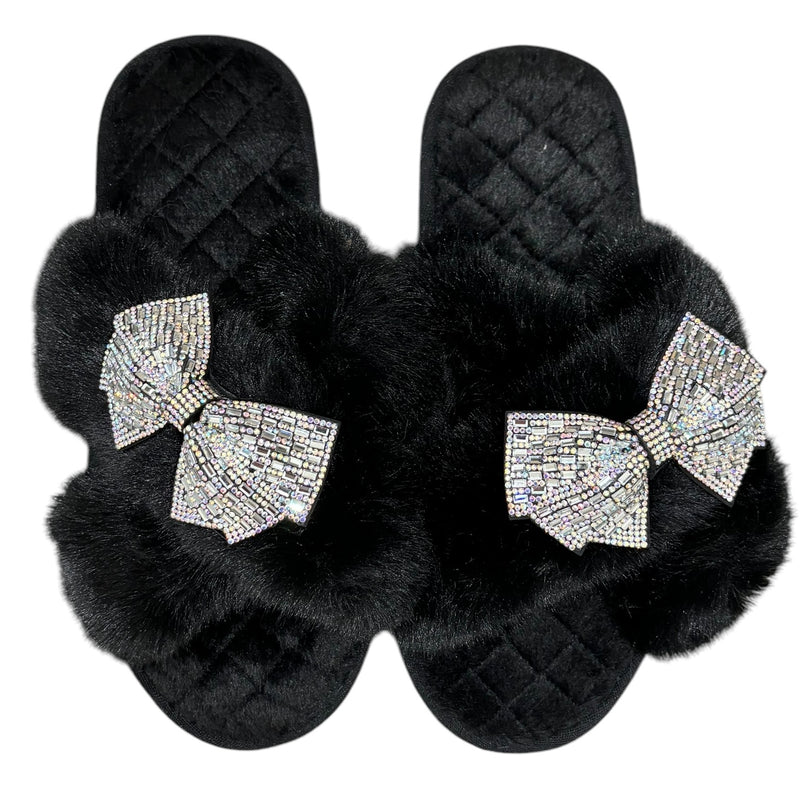 Bow Black Crystal Slippers - Irridescent