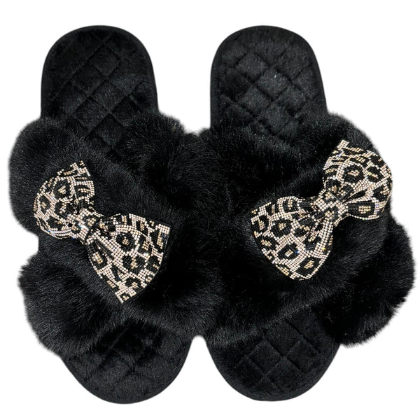 Bow Black Crystal Slippers - Leopard