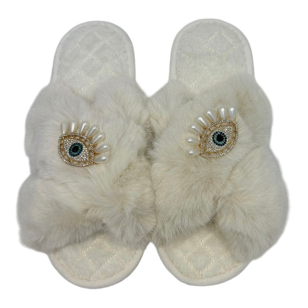 Pearl Lucky Eye Crystal Slippers - Cream