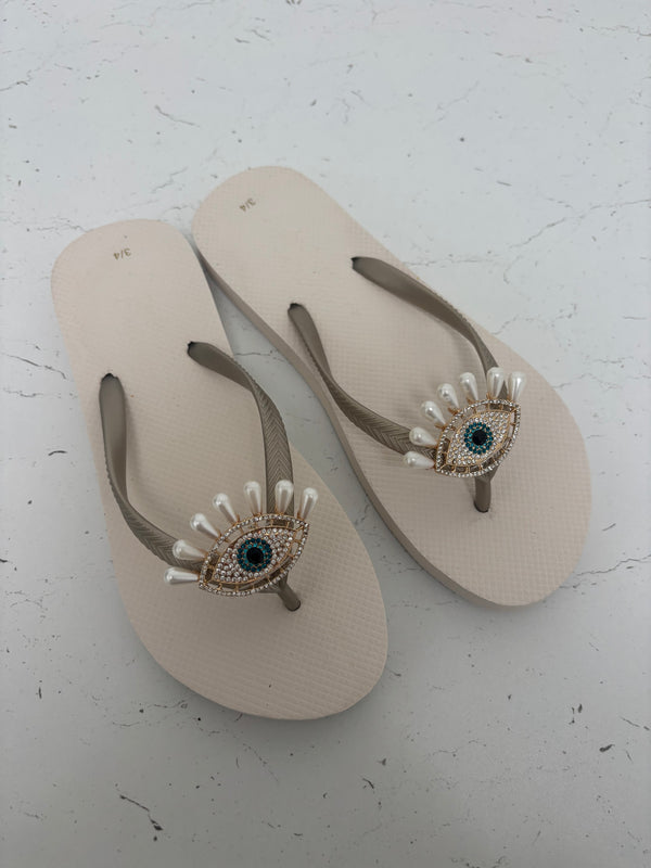 Evil Eye Flip Flops - light gold size 5-6