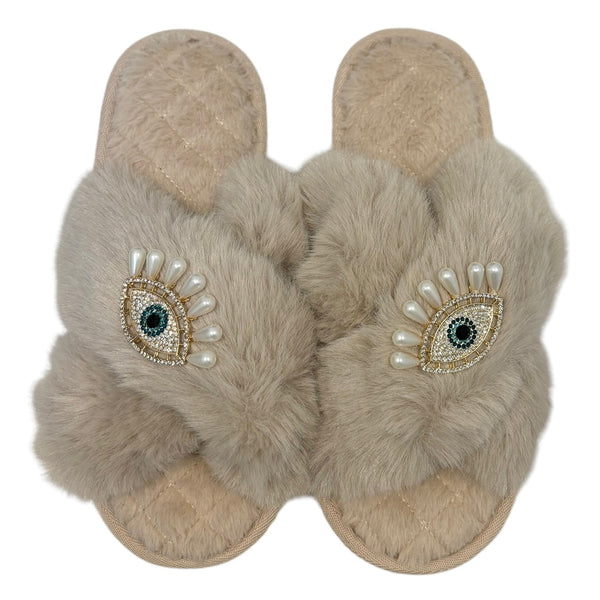 Pearl Lucky Eye Crystal Slippers - Beige