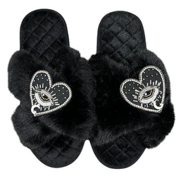 Heart Lucky Eye Crystal Slippers - Black