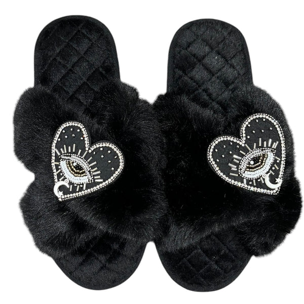 Heart Lucky Eye Crystal Slippers - Black