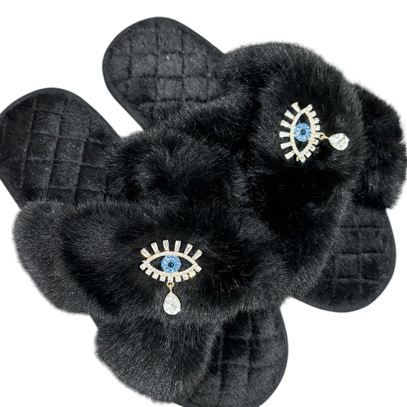 Drop Lucky Eye Crystal Slippers - Black