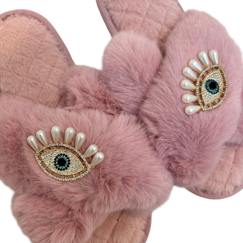 Pearl Lucky Eye Crystal Slippers - Pink