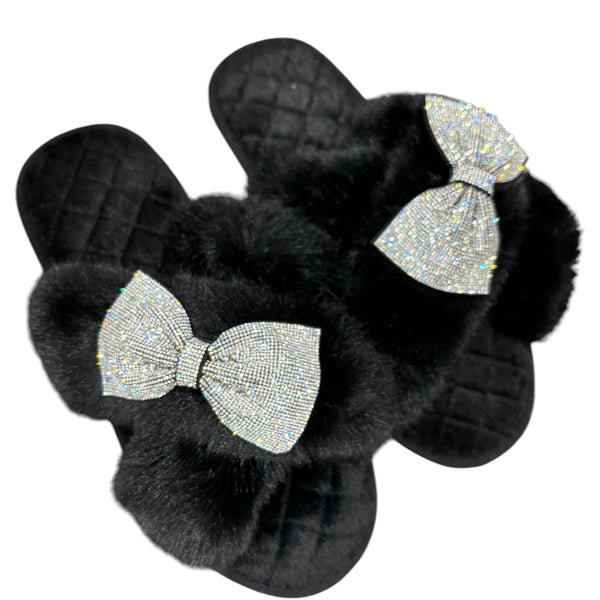 Bow Black Crystal Slippers - Silver