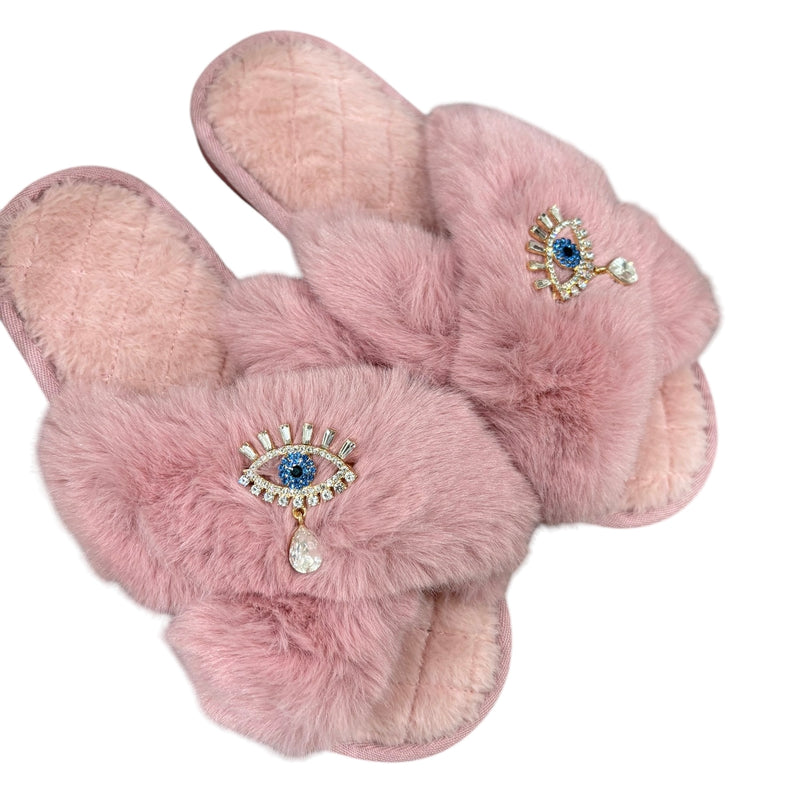 Drop Lucky Eye Crystal Slippers - Pink