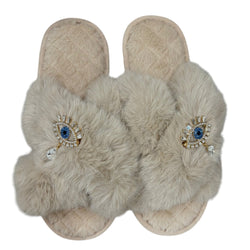 Drop Lucky Eye Crystal Slippers - Beige