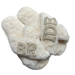 BRIDE Cream Faux Fur Slippers - Pearl Crystal Initial