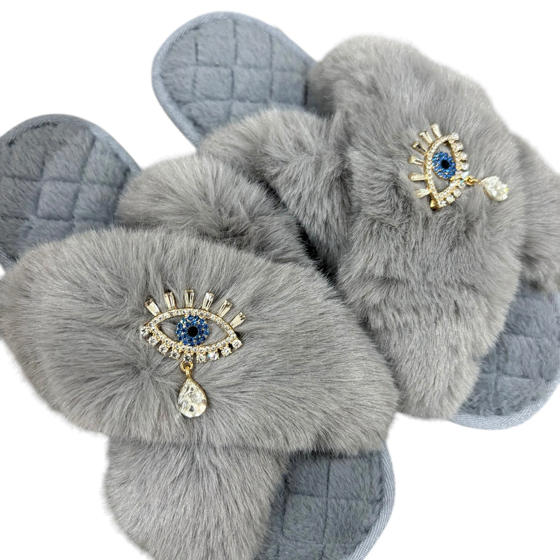 Drop Lucky Eye Crystal Slippers - Grey