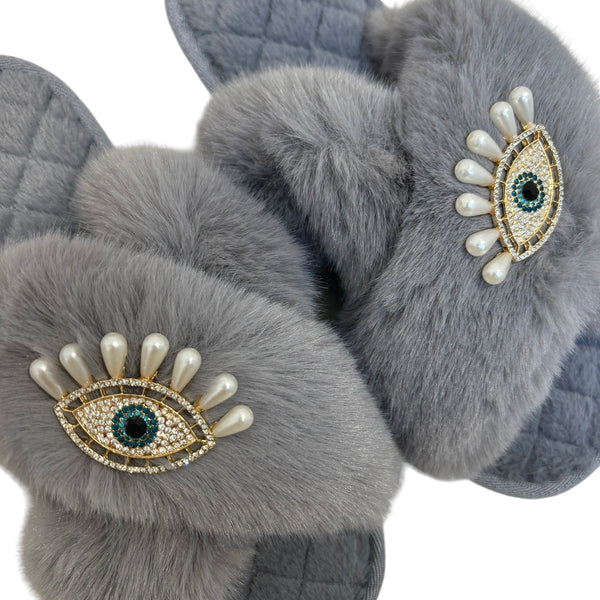 Pearl Lucky Eye Crystal Slippers - Grey