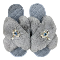 Drop Lucky Eye Crystal Slippers - Grey