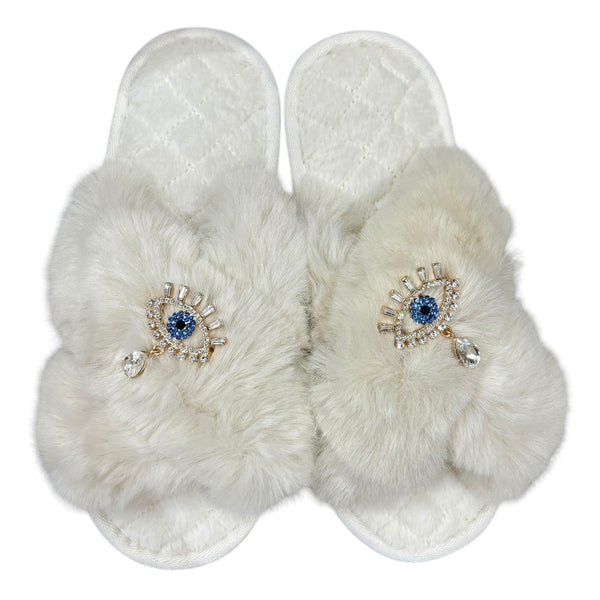 Drop Lucky Eye Crystal Slippers - Cream