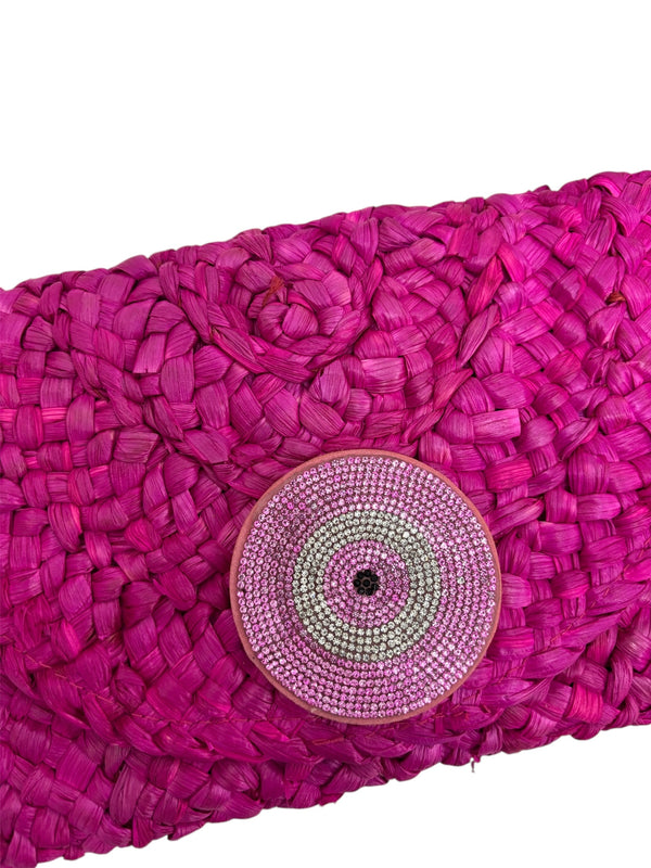 Lucky Eye Raffia Clutch Bag - Pink