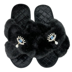 Drop Lucky Eye Crystal Slippers - Black