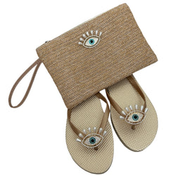 Clutch and Evil Eye Flip Flops Set Gold Pearl