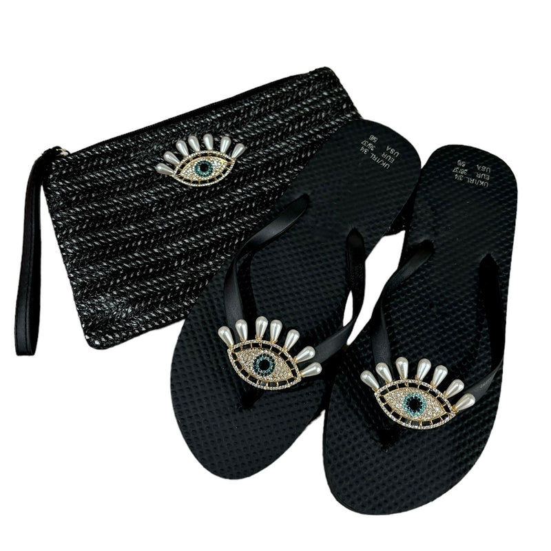 Clutch and Evil Eye Flip Flops Black