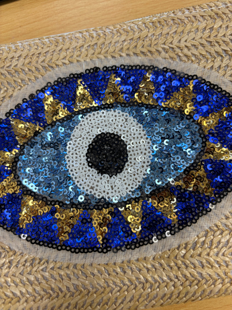 Sequin Eye Raffia Clutch Bag