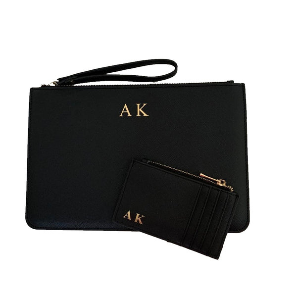 Personalised Initial Clutch Bag & Card Holder Gift set - Black