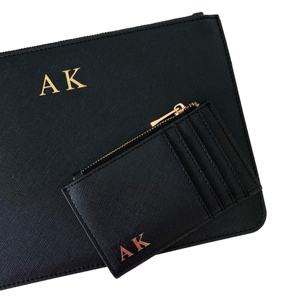 Personalised Initial Clutch Bag & Card Holder Gift set - Black