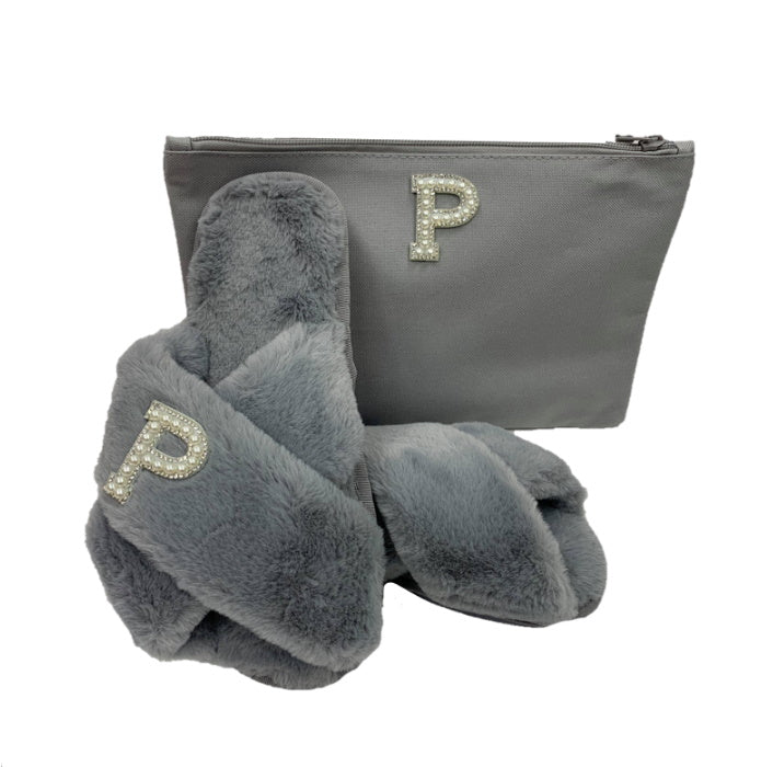 Personalised Grey Fur Slippers Gift Set