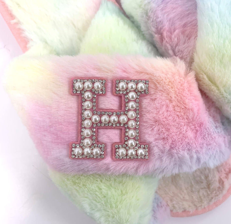 Personalised Rainbow Fur Slippers - Pearl Crystal Initial